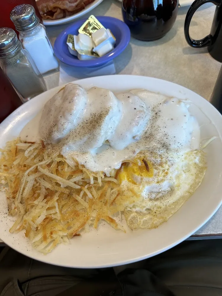 Biscuits and Gravy Hash Browns and Fried Egg